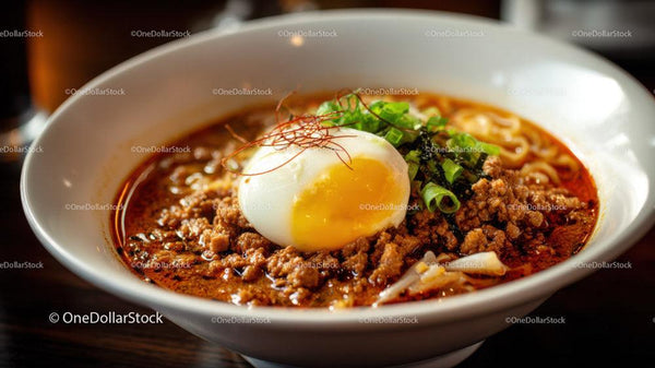 Spicy Ramen Bowl with Soft Boiled Egg and Minced Meat
