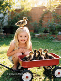 Young girl enjoying time with ducklings in garden wagon