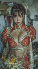 Young Woman in Red Traditional Chinese Dress with Floral Bouquet