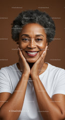Joyful Mature Woman with Curly Gray Hair Expressing Happiness