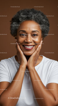 Joyful Mature Woman with Curly Gray Hair Expressing Happiness