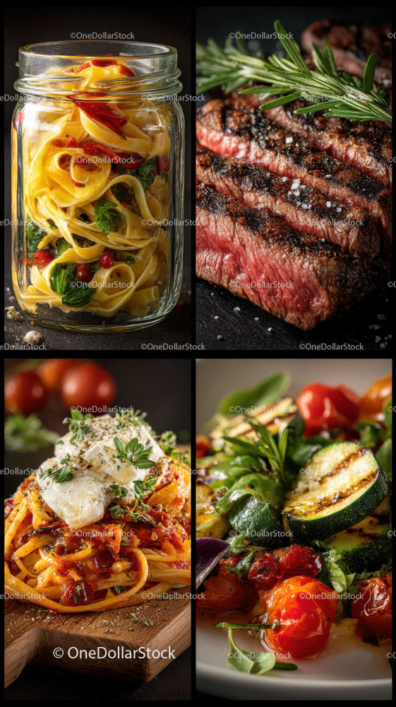 Freshly Cooked Steak with Vegetables and Pasta in a Rustic Setting