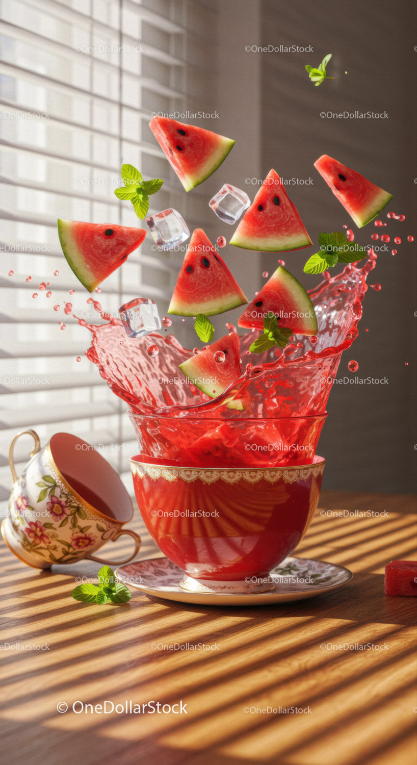 Refreshing Watermelon Slices Splashing from Elegant Teacup