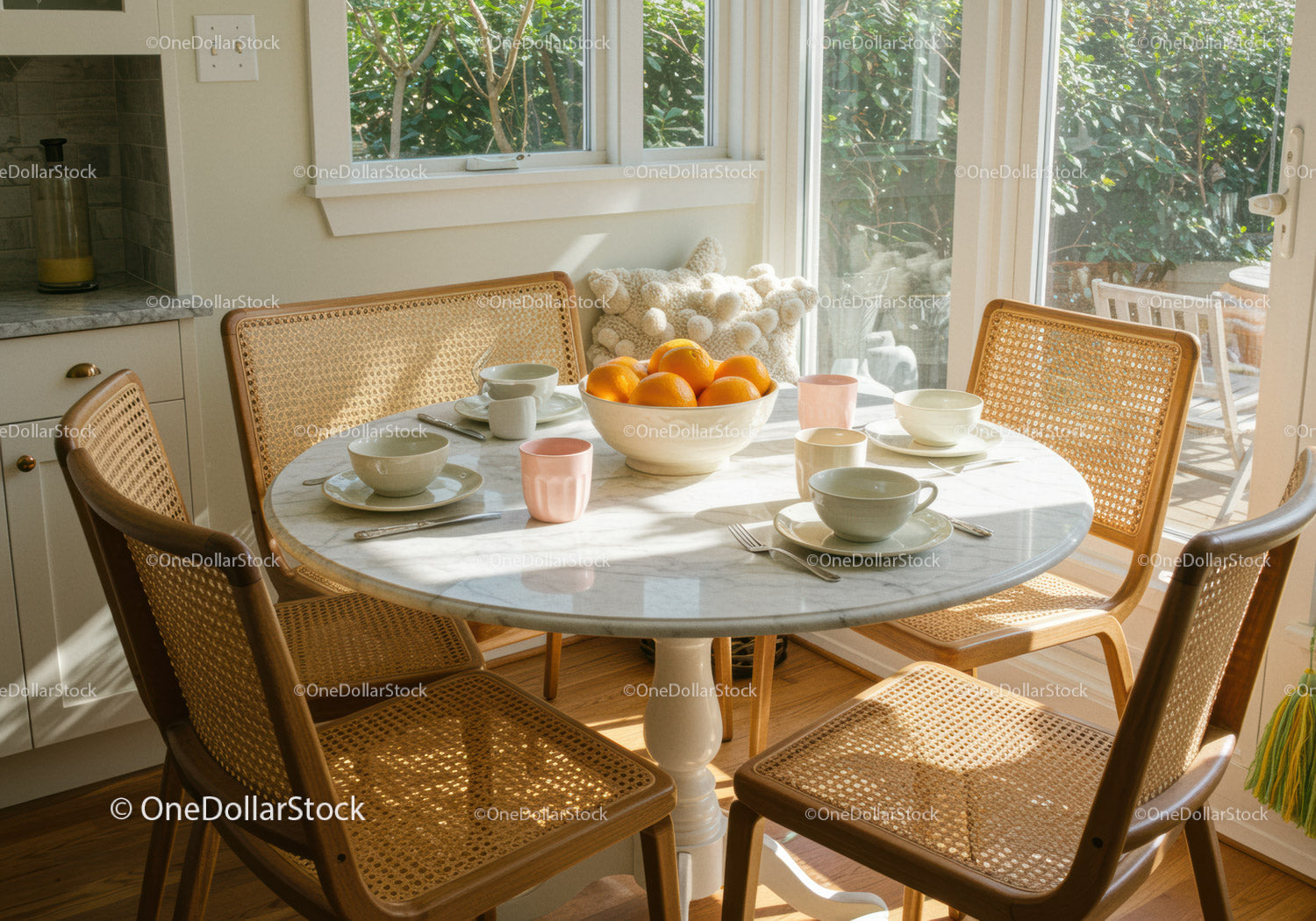 Cozy kitchen nook with natural light and fresh fruit