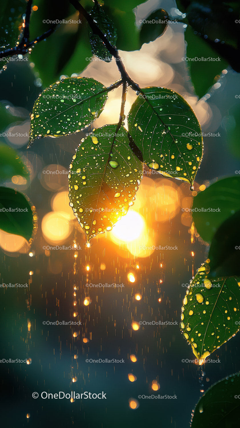 Fresh Rain-Soaked Green Leaves with Sunlight Backlighting
