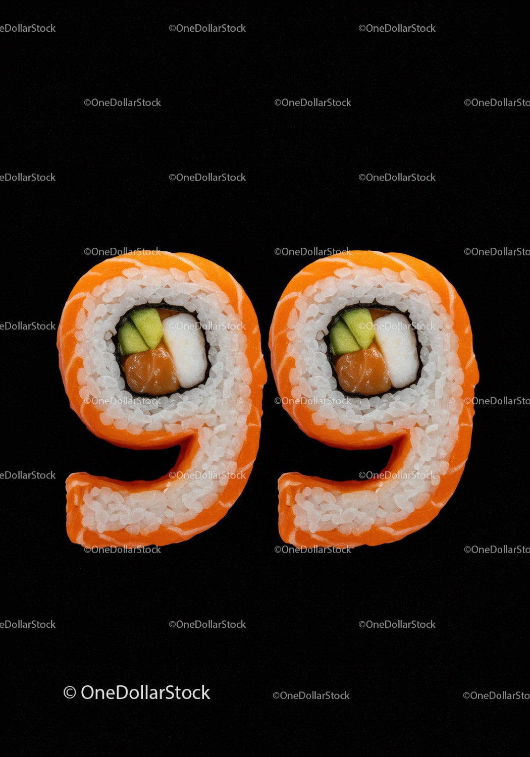 Creative sushi rolls shaped as number ninety nine