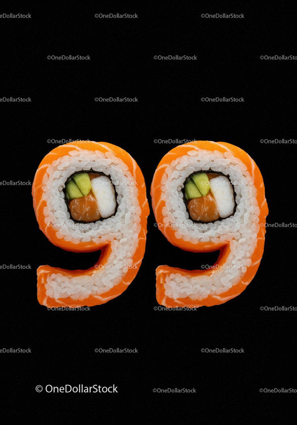 Creative sushi rolls shaped as number ninety nine