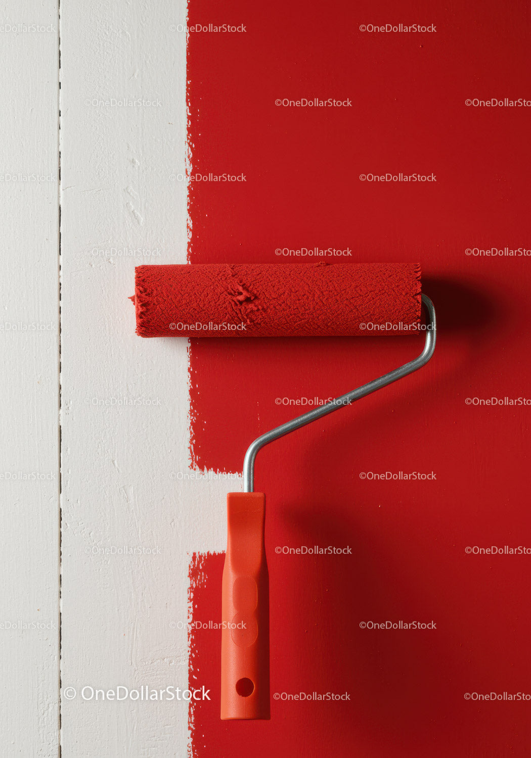 Red Wall Painting with Roller for Interior Decor