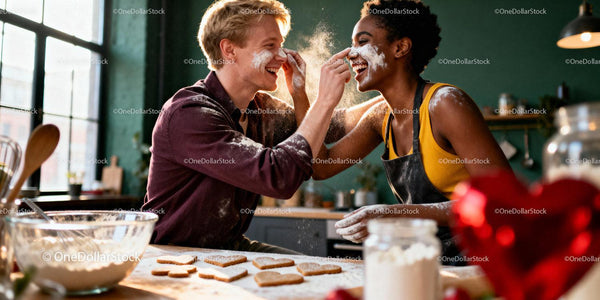 Couple Playfully Baking Heart-Shaped Cookies Together