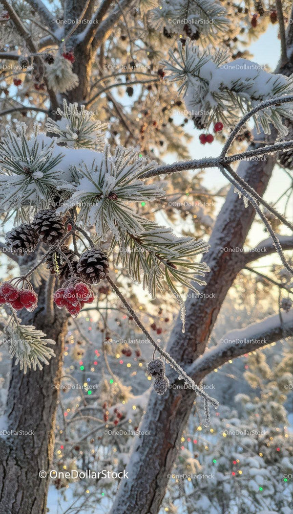 Winter Pines with Snow, Frost, and Red Berries