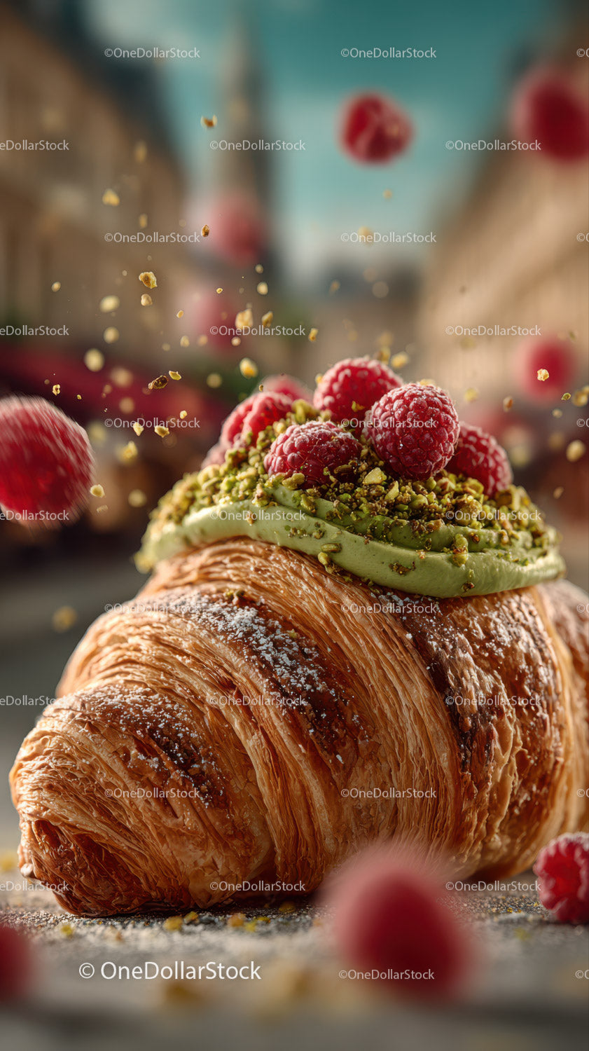 Świeży croissant z zielonym lukrem: maliny i pistacje