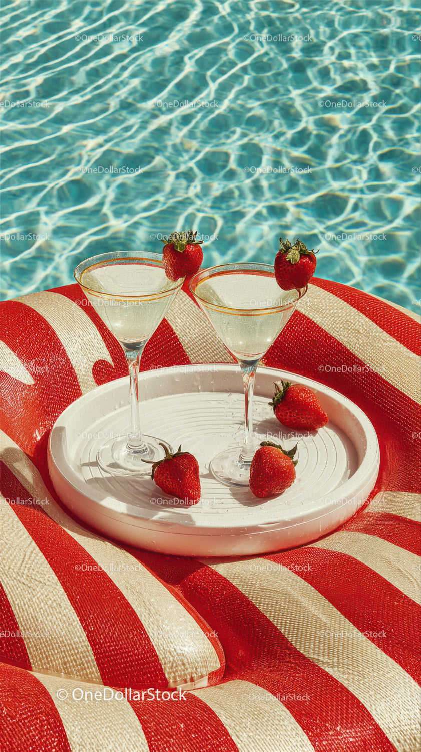 Refreshing Strawberry Cocktails on Poolside with Blue Water Background