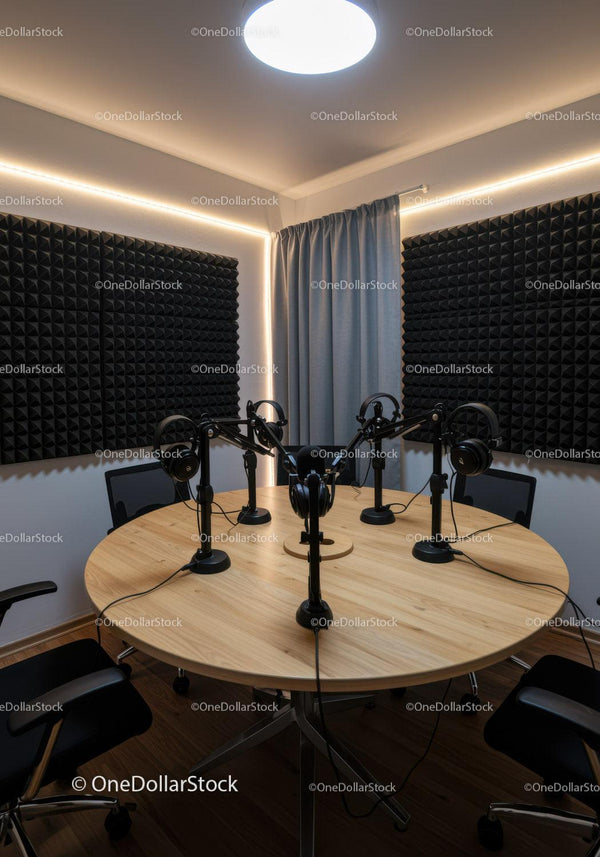 Nowoczesne studio nagrań podcastów z pianką akustyczną i sprzętem