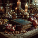 Vintage still life with grapes pomegranates candles and antique books