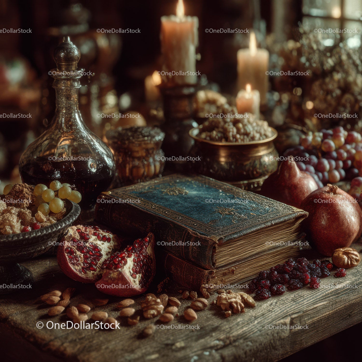 Vintage still life with grapes pomegranates candles and antique books