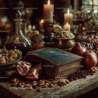 Vintage still life with grapes pomegranates candles and antique books