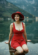 Elegant Woman in Red Dress Smiling by Lake Outdoors