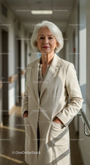 Elegant Senior Woman in Beige Blazer Standing in Modern Office Corridor