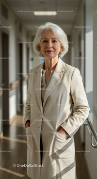 Elegant Senior Woman in Beige Blazer Standing in Modern Office Corridor