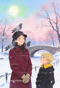 Smiling woman and boy in snowy park with pigeons