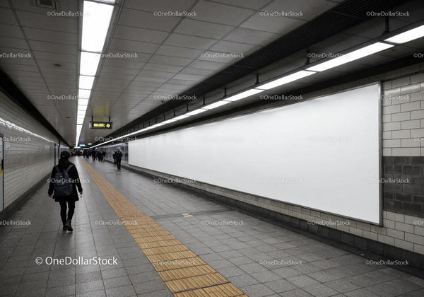 Modern Subway Tunnel with Tiled Walls and Ceiling Lights JPG Mockup Image