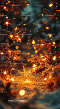 Glowing Warm Lights on Snowy Pine Branches