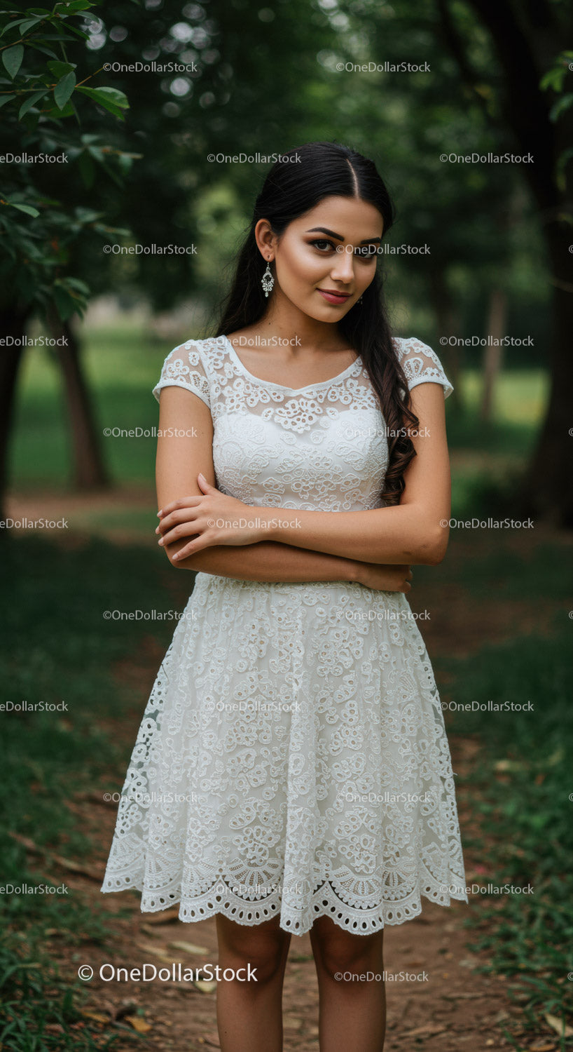 Elegant Woman in White Lace Dress in Lush Garden