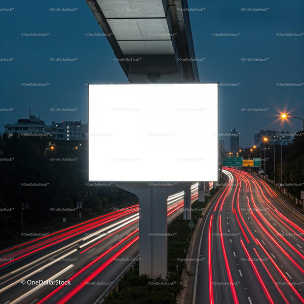 Empty illuminated billboard over busy highway at night JPG Mockup Image