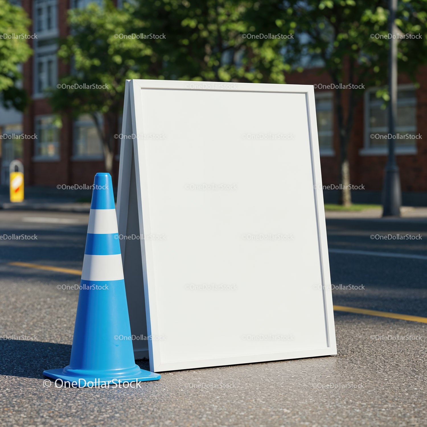 Pusta biała tablica z niebieskim pachołkiem drogowym na ulicy