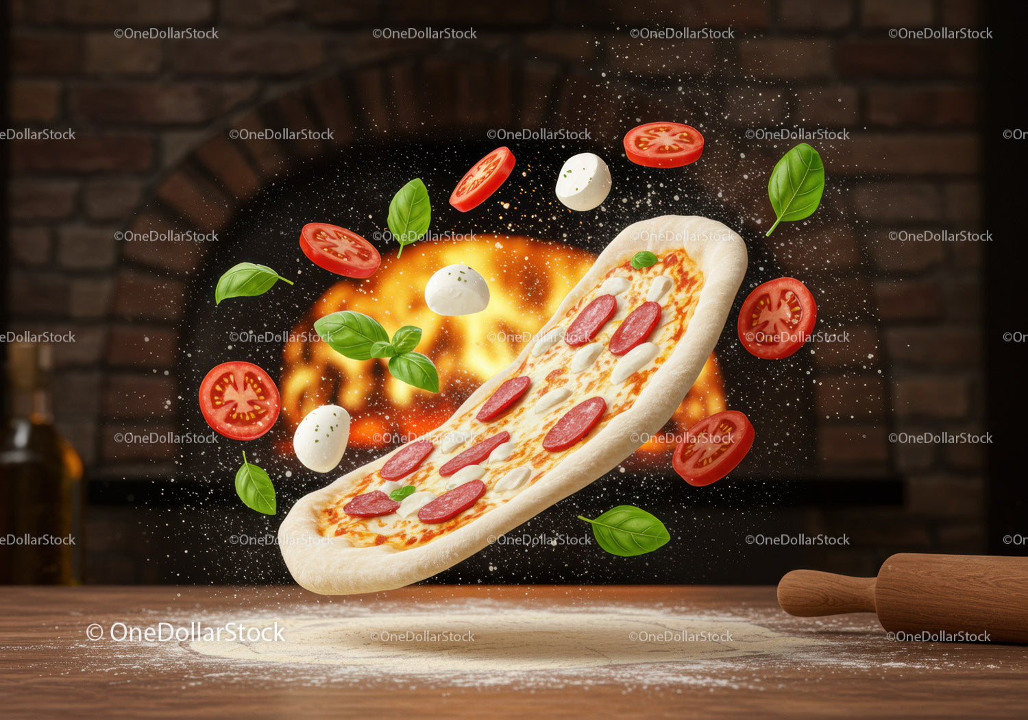 Świeże składniki pizzy latają obok rustykalnego pieca ceglanego