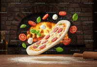 Fresh pizza ingredients flying near rustic brick oven