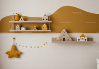 Modern Nursery Wall Decor with Plush Clouds and Wooden Toys