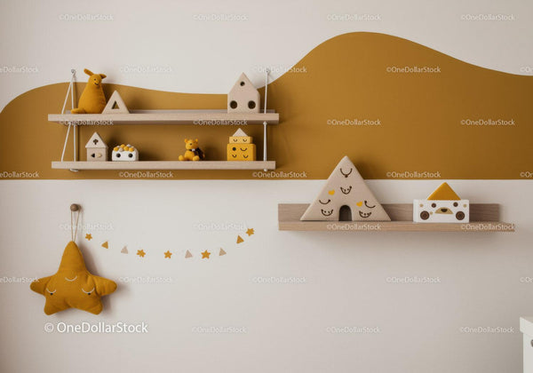 Modern Nursery Wall Decor with Plush Clouds and Wooden Toys