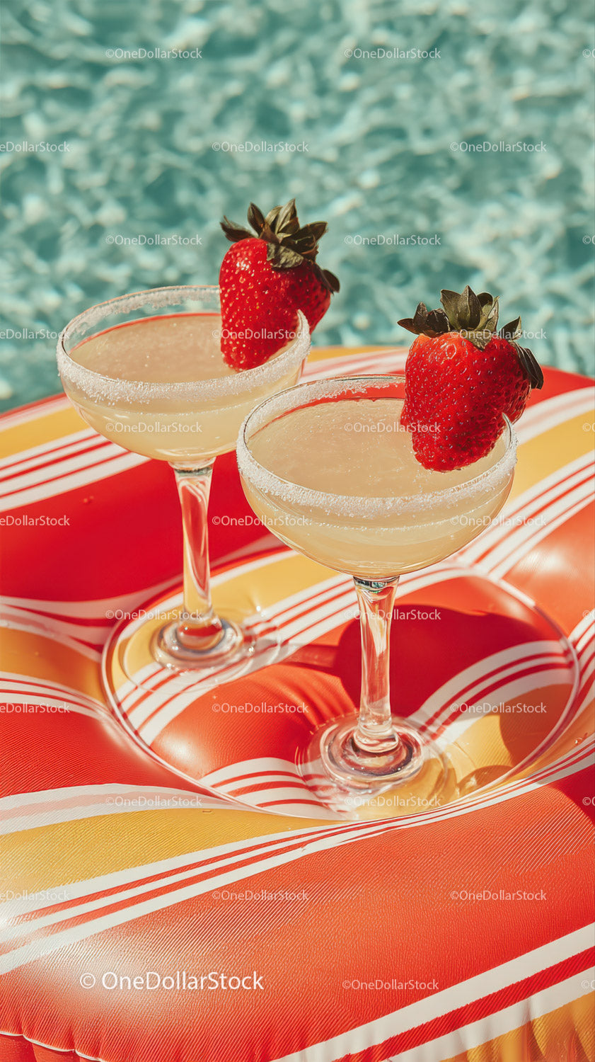 Strawberry Garnished Refreshing Cocktails by the Poolside