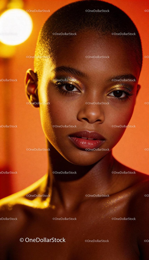 Close-up portrait of confident woman with glowing makeup