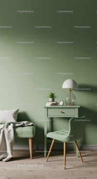 Pastel Green Bedroom Corner with Modern Bedside Table and Stylish Lamp