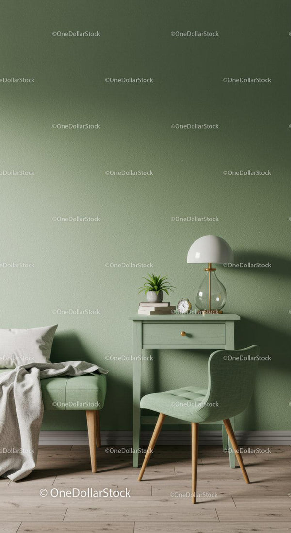 Pastel Green Bedroom Corner with Modern Bedside Table and Stylish Lamp