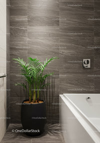 Elegant Bathroom with Green Fiddle Leaf Fig and Gray Tile Walls