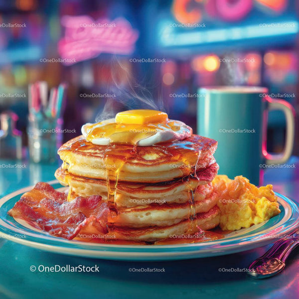 Stack of Pancakes with Butter and Syrup in a Cozy Diner