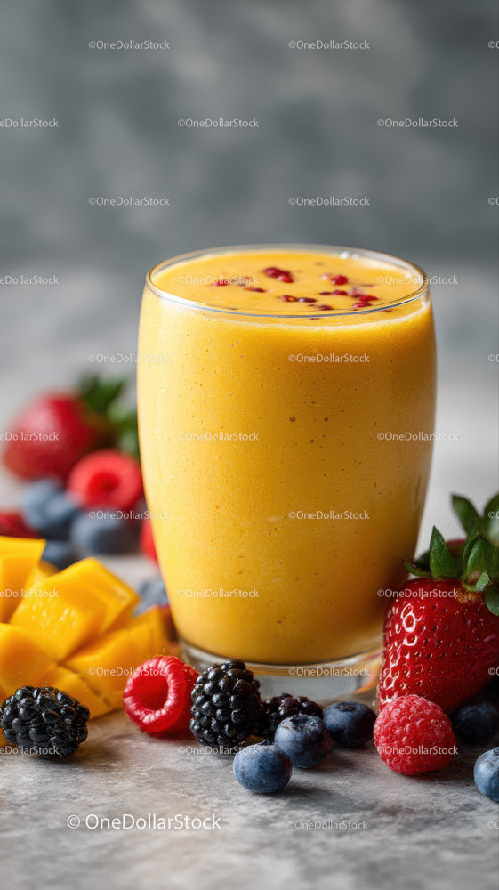Koktajl z mango i jagód w wysokiej szklance ze świeżymi owocami