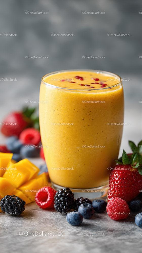 Mango and Berry Fruit Smoothie in a Tall Glass with Fresh Fruits