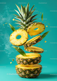 Fresh pineapple slices suspended in vibrant turquoise space
