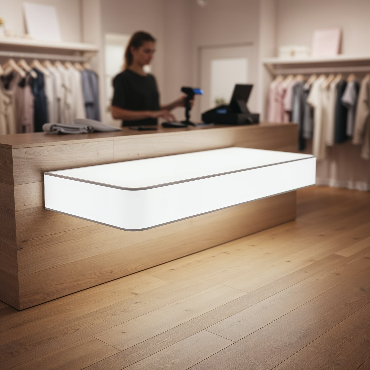 Modern clothing store checkout counter with glowing panel
