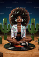 Young woman meditating with headphones in desert at night