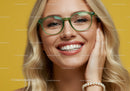 Blonde Woman Smiling Wearing Green Eyeglasses and Pearl Bracelet