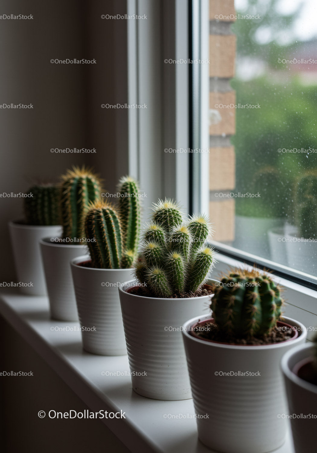 Indoor Cacti in White Pots by Sunny Windowsill for Modern Home Decor