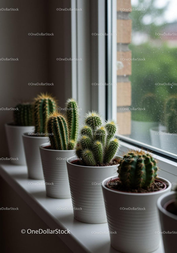 Indoor Cacti in White Pots by Sunny Windowsill for Modern Home Decor