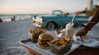 Beachside Cheeseburger French Fries and Milkshake with Classic Car
