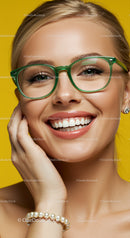 Smiling woman with green glasses and pearl bracelet