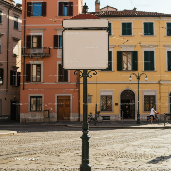 Empty vintage street sign with colorful buildings background JPG Mockup Image